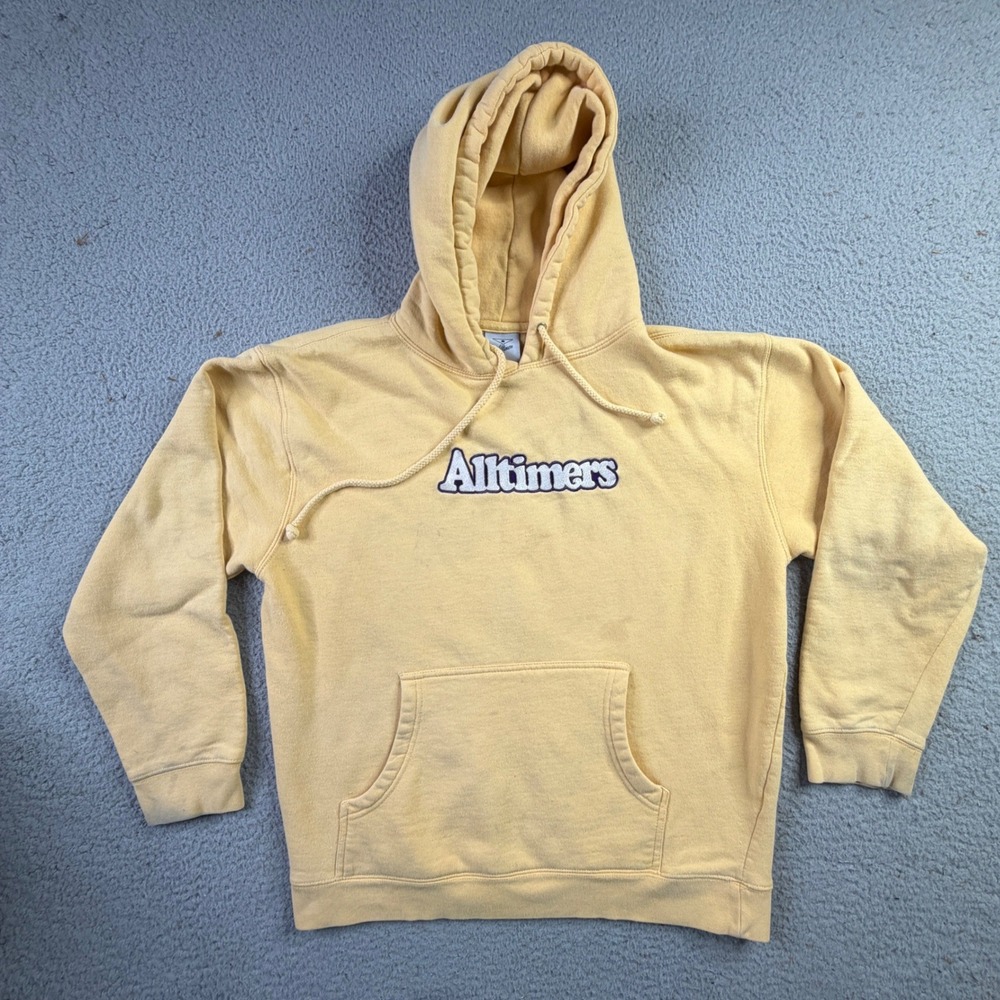 Alltimers Skateboarding Hoodie Mens M Yellow Embroidered Skater Pullover Y2K